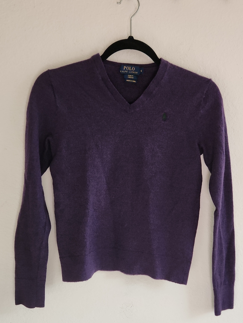 Polo Ralph Lauren Purple Wool Blend V-Neck Sweater Small Slim Fit Stretch